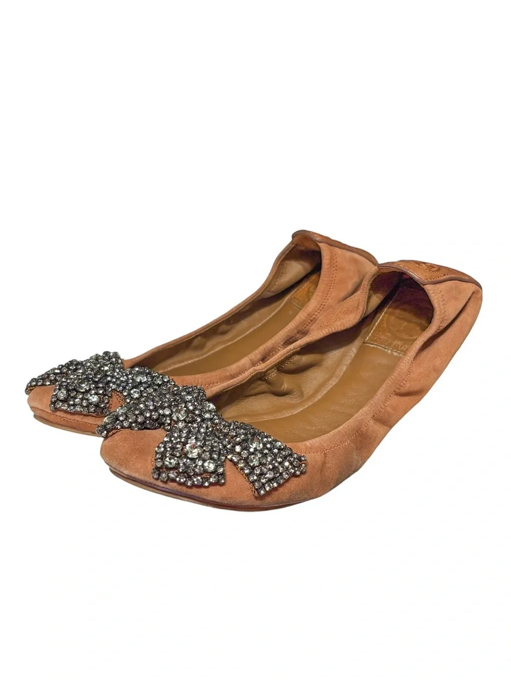 Tory Burch Eddie Leather Rhinestone Bow Ballerina Flats